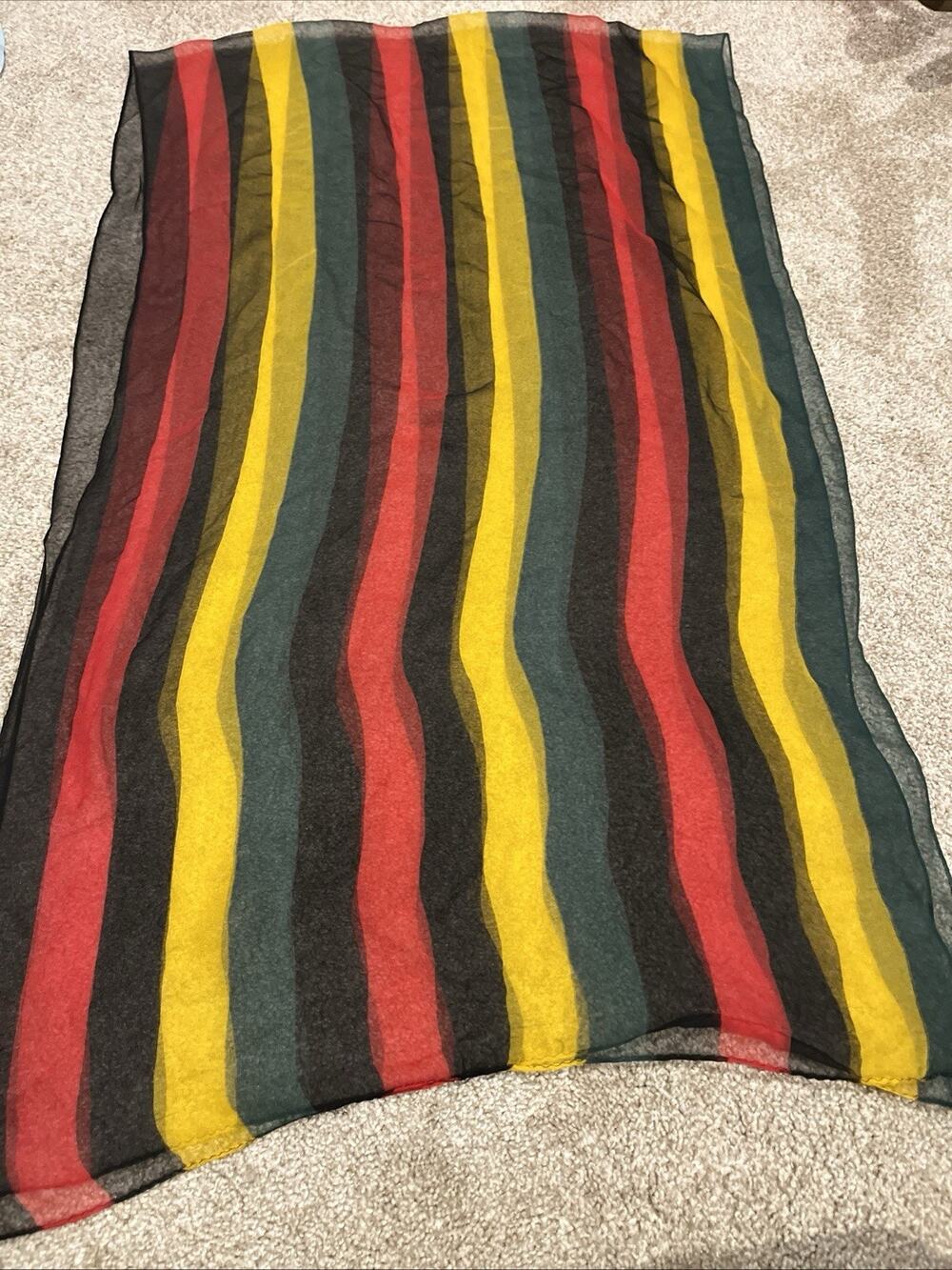 Vintage Silk Scarf Green Black Red Gold Striped Long Rectangular 20x60